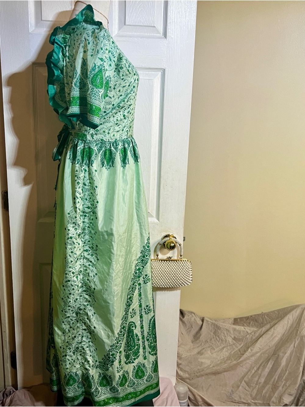 Vintage Wms Handmade Silk Satin Floral Paisley Pleated Festival Maxi Dress L - Picture 6 of 14